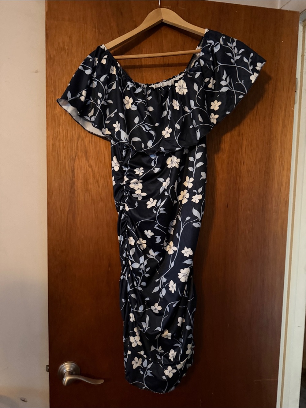 Navy Floral Off-Shoulder Ruffle Dress